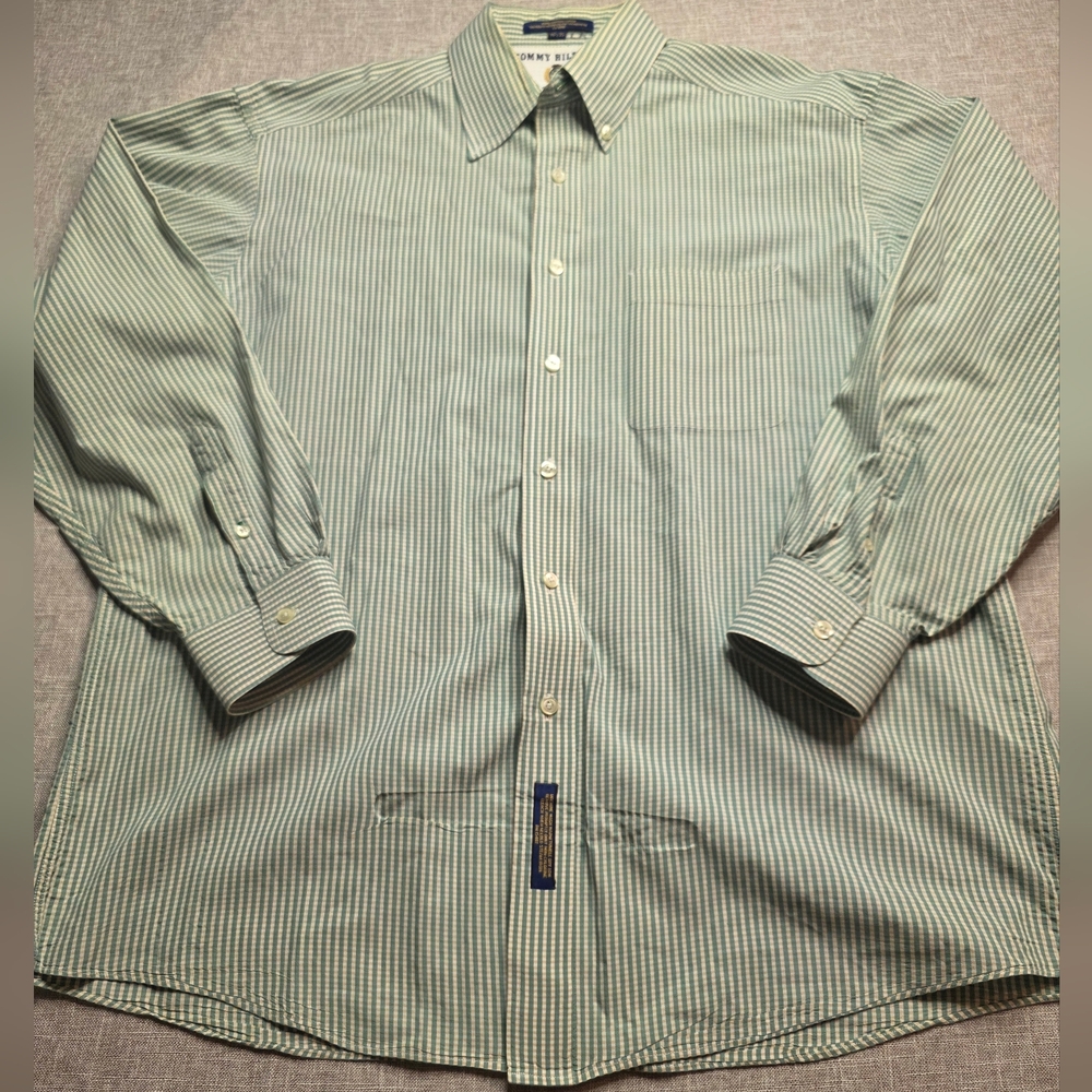 Tommy Hilfiger Green Striped Men's Shirt Cotton 16.5/35